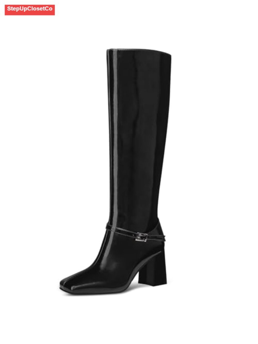 Women's Square Toe Knee High Chunky Heel Boots with Rhinestones Side Zipper